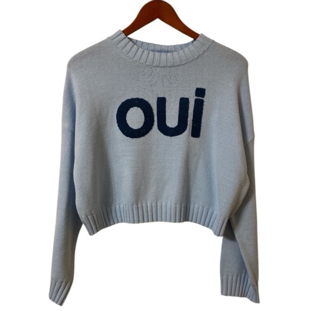 Sincerely Jules | NWT Blue “Oui” Knit Crewneck Crop Long Sleeve Sweater M